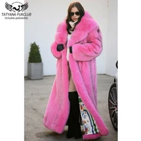 130 cm long pink genuine fox fur coat with big lapel collar thick warm overcoats luxury whole skin real fox fur coats for women