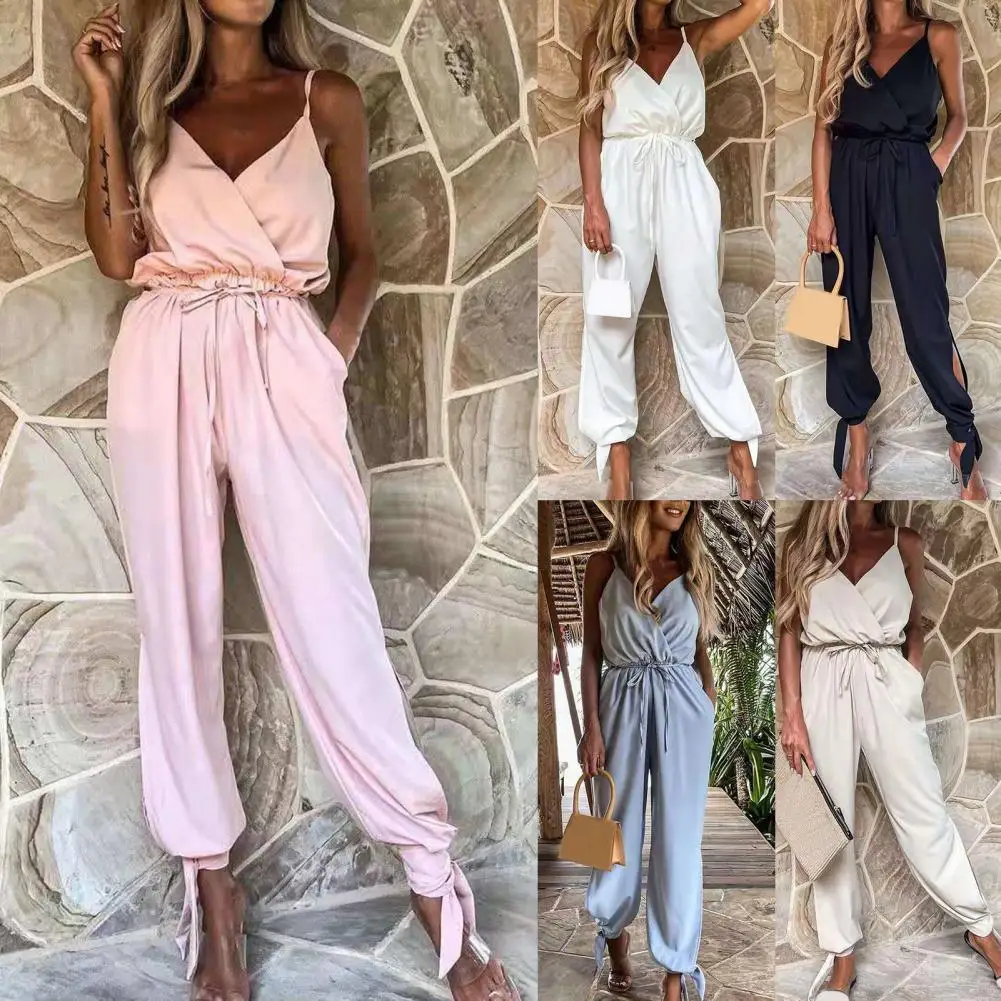 

Женский однотонный комбинезон на бретельках, с V-образным вырезом и поясом на резинке