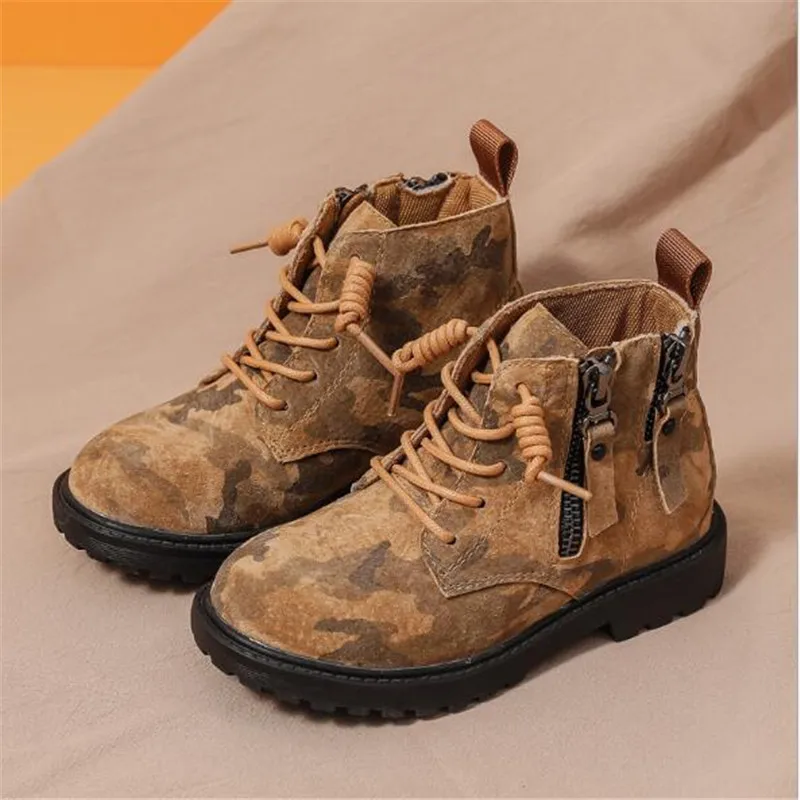 

New Children British style Retro Ankle Boots Boys Genuine Leather Breathable Baby Student Motorcycle Boots Kids Army Boots 019