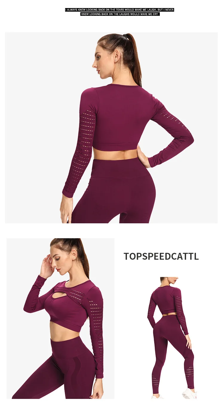

Hollow Out 2Pc Yoga Set Fitness Sports Wear Women Gym Tracksuit Workout Long Sleeve Crop Top Seamless Leggings Exercise Clothing