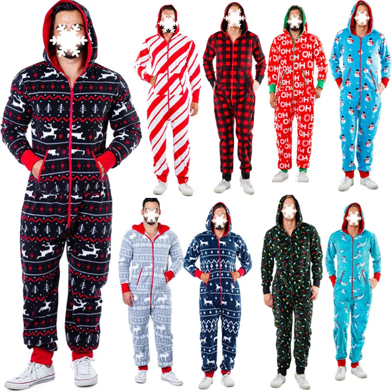 Winter Men's Warmth 2022 Christmas Elk Snowman Printed Long Sleeve Pajamas Jumpsuit Pure Cotton Pajamas Soft Homewear