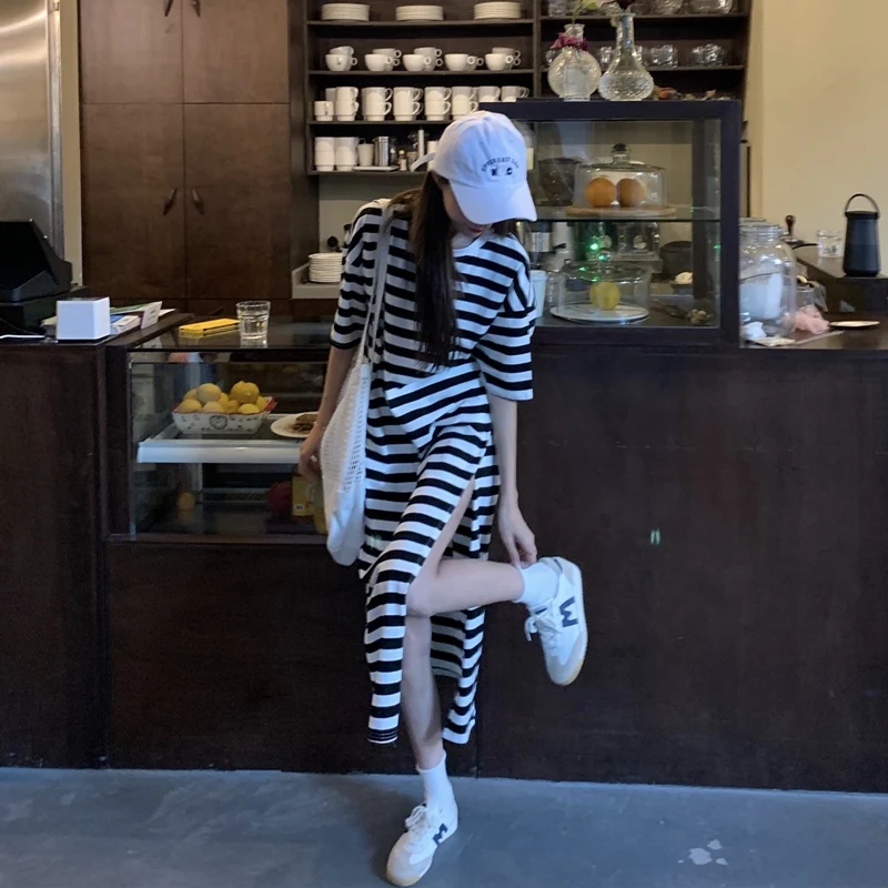 

Striped Slit Women Pullover Maxi Dress Short Sleeve Loose Woman Dress