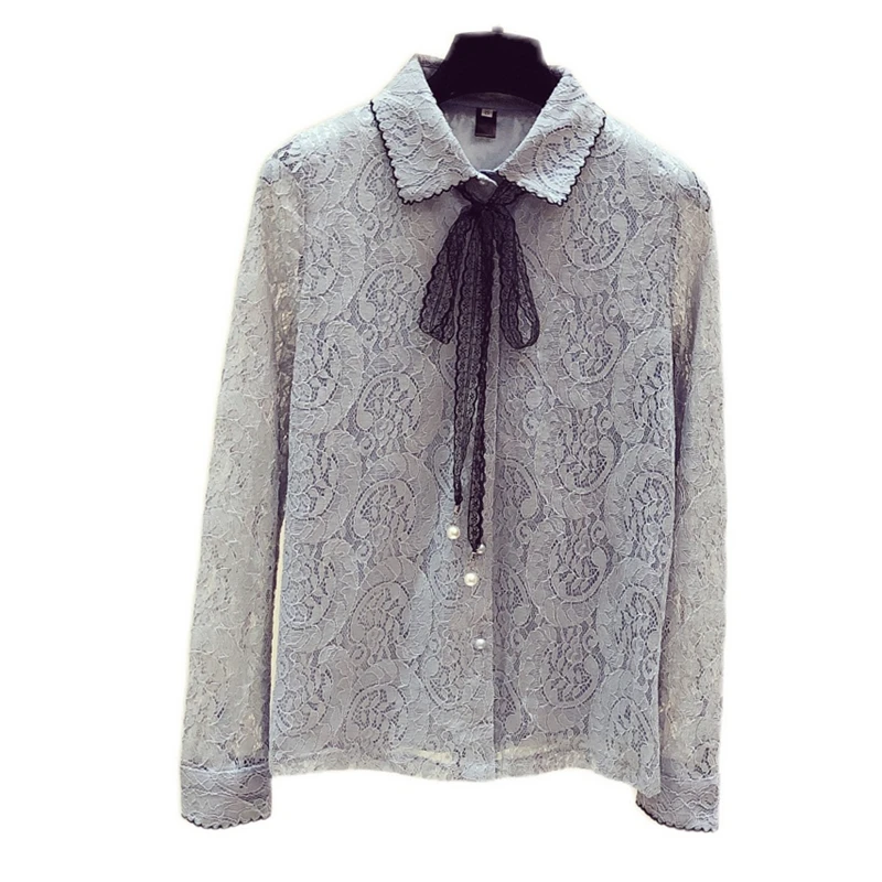 

Lace Women Blouse Bow Neck Solid Long-Sleeved Slim Elegant Office Lady Buttoming Shirts Tops