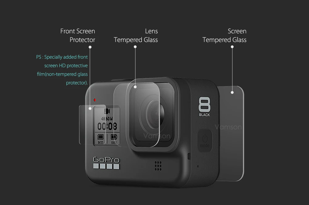 Vamson для Gopro Hero 8 черная защитная пленка из закаленного стекла объектив+ экран камеры ЖК-экран Защитная пленка VP720