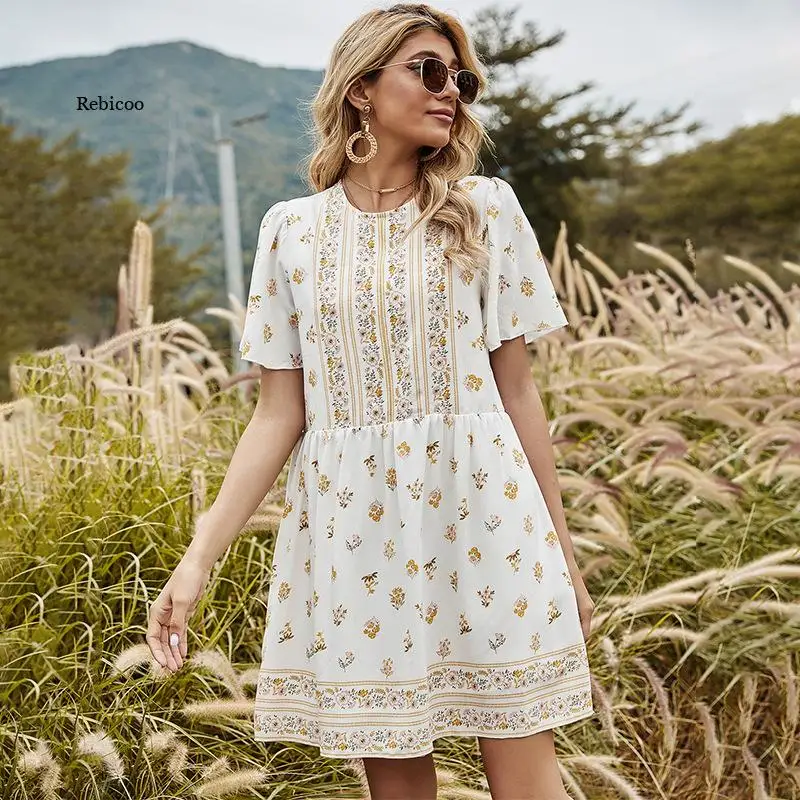 

Women Summer Dresses New Knee-Length Regular O-Neck A-Line High-Waist Printing Fashion Cute Seaside Holiday Dress