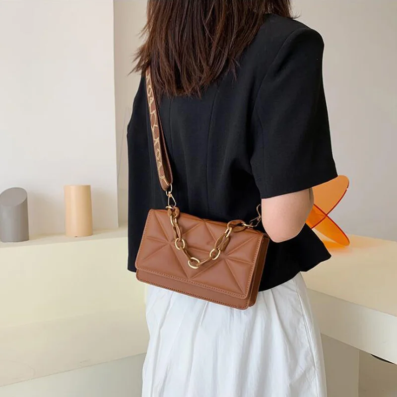 new wide strap shoulder bag solid square crossbody bags for women fashion design handbags chain female cross body free global shipping