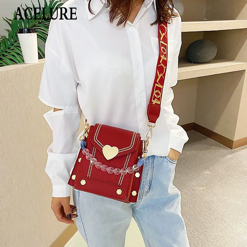 

ACELURE Heart Hasp Handbags for Women Wide Strap Shoulder Crossbody Bags Solid Color PU Leather Messenger Bags Female Purse