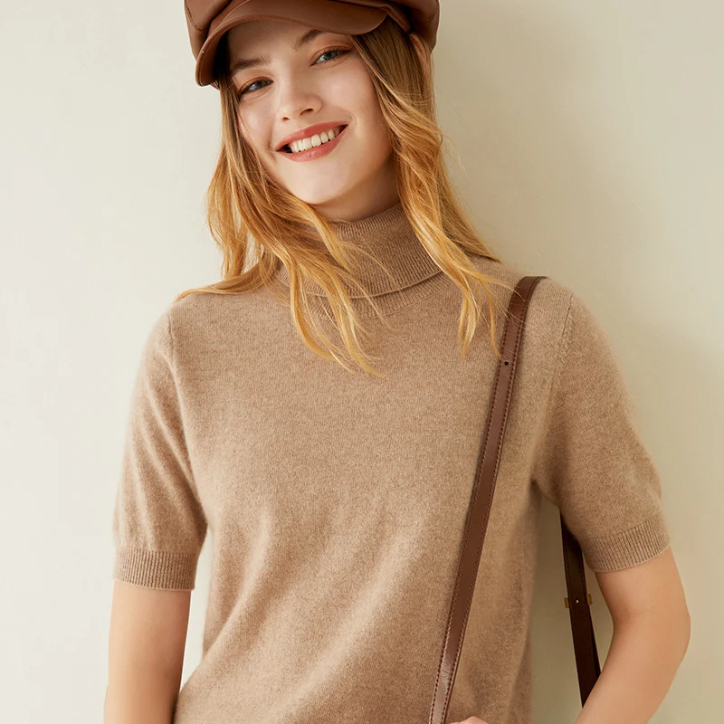 

LONGMING Women Knit Top Short Sleeve 100% Cashmere Turtleneck Pullover Wool Knitted Sweater Jumper Women Autumn Warm Sweaters