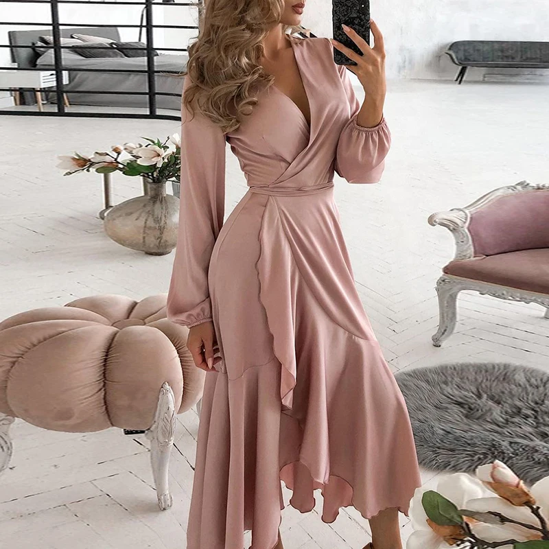 

Women Fashion Elegant Solid Ruffled Hem Wrap Long Party Dress V neck Long Sleeve Casual Maxi Dress