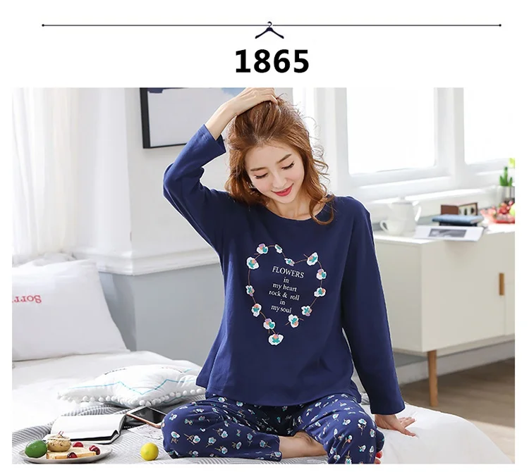 M L XL XXL 3XL 4XL 5XL Женская одежда для сна с длинным рукавом, хлопок, комплекты одежды для сна, осенние пижамы, женские пижамы