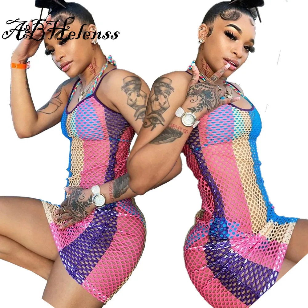 

A&BHelenss 2021 New Female Summer Mini Dress Broken Hole See-through Beach Dress Birthday Dress for Women