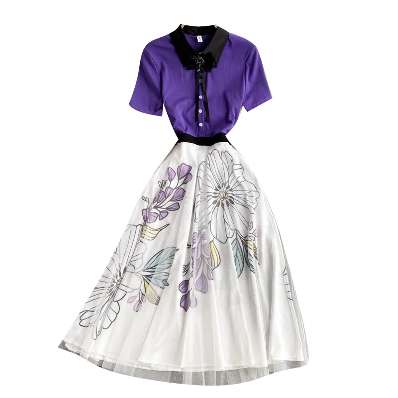 

High Street Style 2021 Summer Elegant Women's Bow Turn Down Collar Patchwork Floral Mesh A Line Dress Ladies Female Dresses