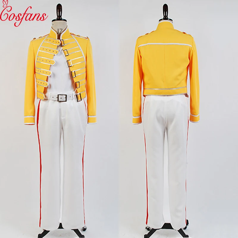 Queen Lead Vocals Freddie Mercury Wembley On Stage men women Cosplay Yellow Jacket White Pant Costume Suit Full Set Halloween