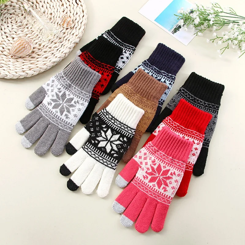

9Pairs Winter Warm Knitted Gloves Christmas Press Sn Gloves Men's and Women's Wool Knitted Plus Velvet Snow Glove