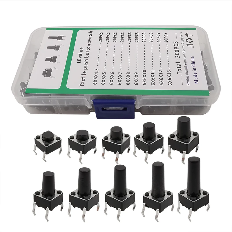 200Pcs 6x6 Tact Switch Tactile Push Button Kit Height 4.3mm-13mm DIP 4P Micro 10 Models 6*6 Switchs for Arduino | Обустройство дома