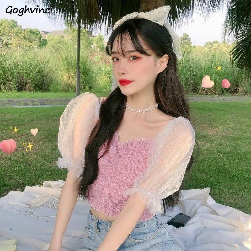 

Cropped Blouses Patchwork Chiffon Short Puff Sleeve Sweet Slim New Summer Korean Style Trendy Square Collar Casual Feminino Tops