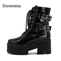 fashion winter new sexy pure color round toe buckle waterproof cross tied motercycle boots chunky heels ankle boots 32 41 42 43