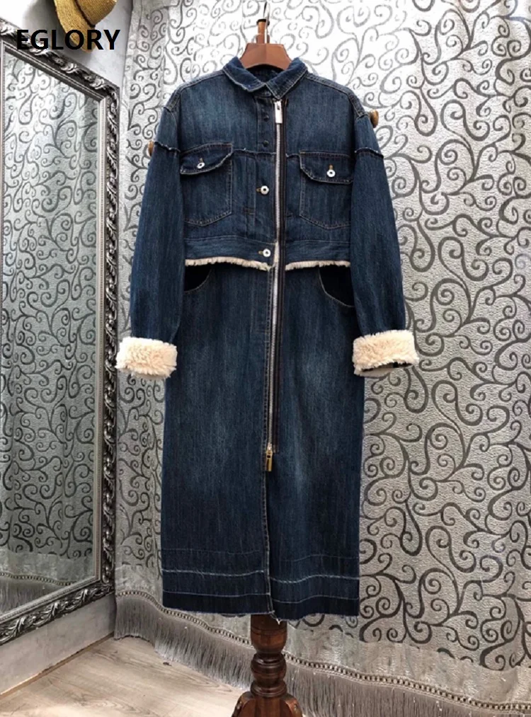 

Женское джинсовое платье на молнии, Повседневное платье из 100% хлопка с отложным воротником и длинным рукавом, в стиле пэчворк, Осень-зима 2020