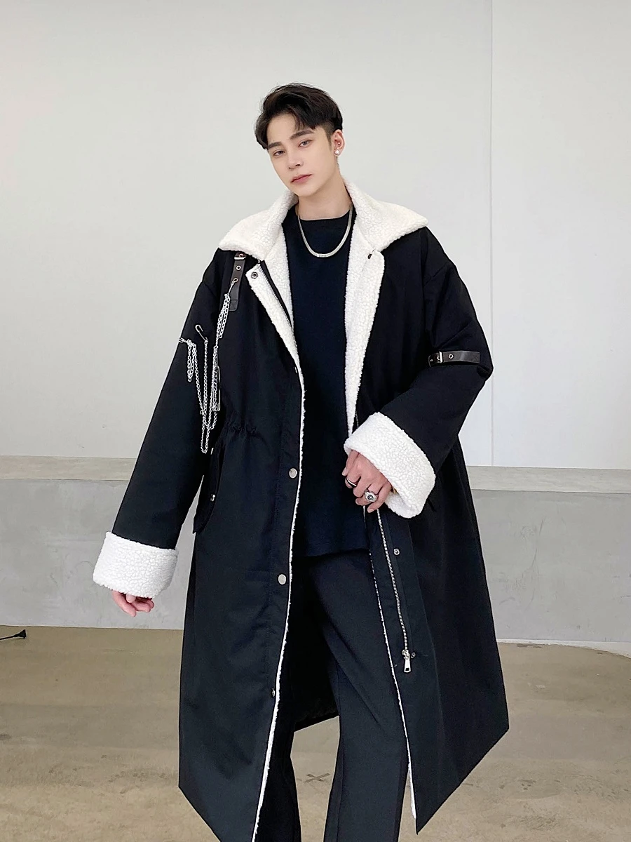 

Male Women Streetwear Vintage Warm Coat Outerwear Men Winter Faux Lamb Lining Pin Chain Thick Long Parkas Jacket Trench Overcoat