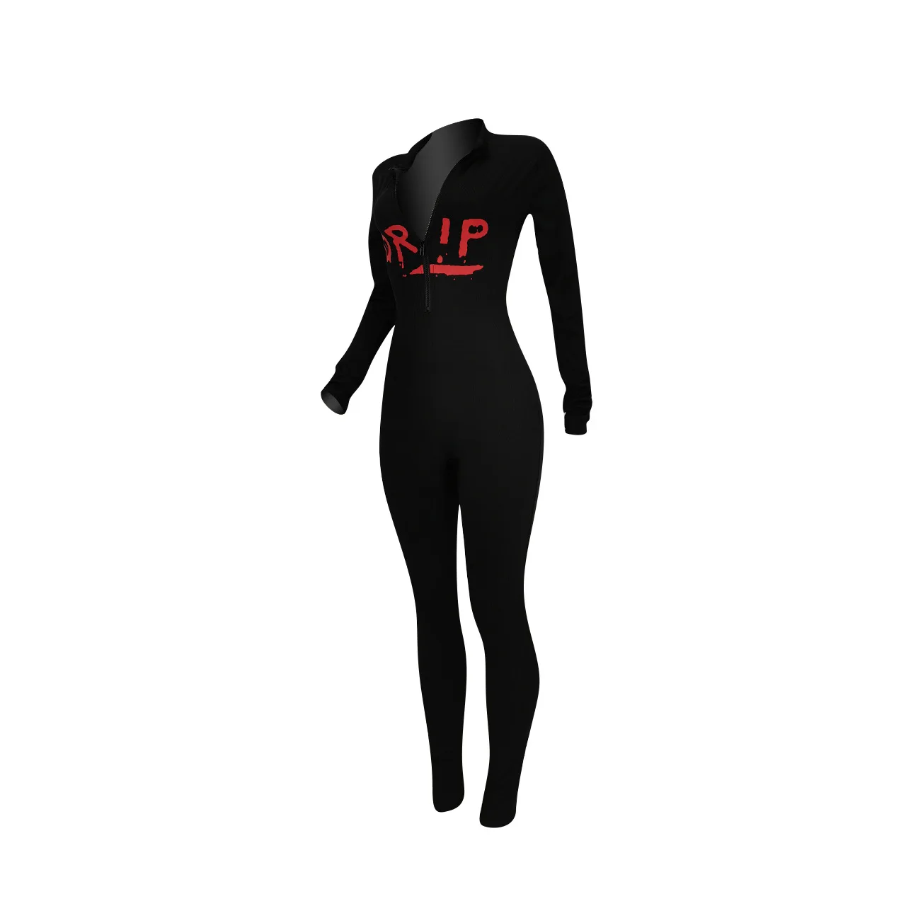 Letter Print Zipper Up Moto Biker Style Long Sleeve Bodycon Elastic Jumpsuit Women Club Party One Piece Overall Romper Black