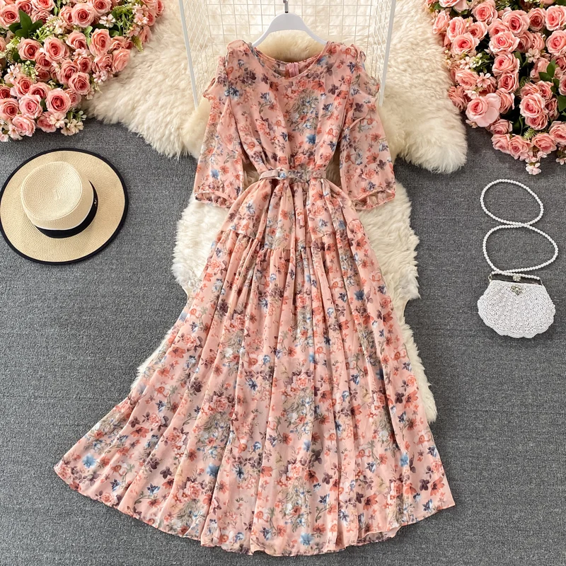 

2021 New Spring Summer Women Three Quarter Sleeve Slim Long Dress Sweet Ruffles Chiffon Floral Dress Send The Belt