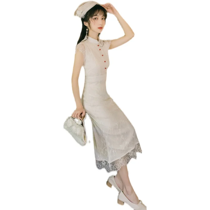 

The new film lace embroidery waist temperament show thin gauze dress
