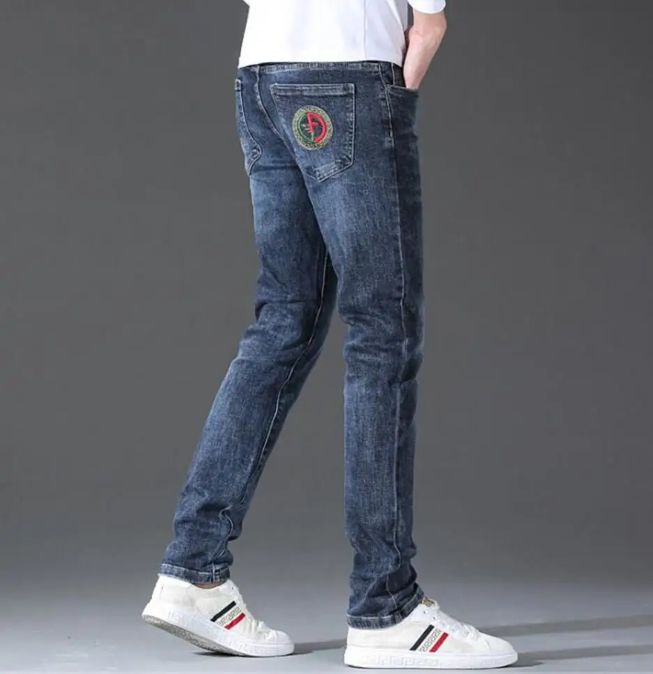 

AAA+ Quality Autumn Winter Pure Cotton Business Leisure Jeans Men's Embroidery Slim StretchSmall Foot Leisure Pants