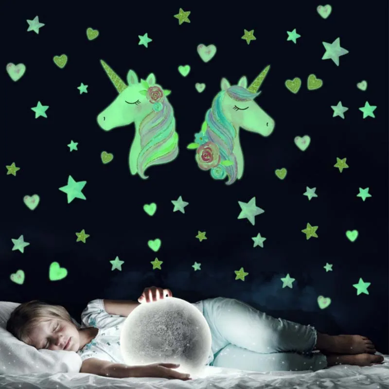 ПВХ съемные красочные светящиеся настенные наклейки с рисунком единорога для детской комнаты домашний декор