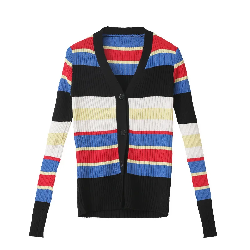 

Женский джемпер на пуговицах, облегающий Радужный эластичный короткий тонкий кардиган с V-образным вырезом, пальто, джемперы, весна-осень