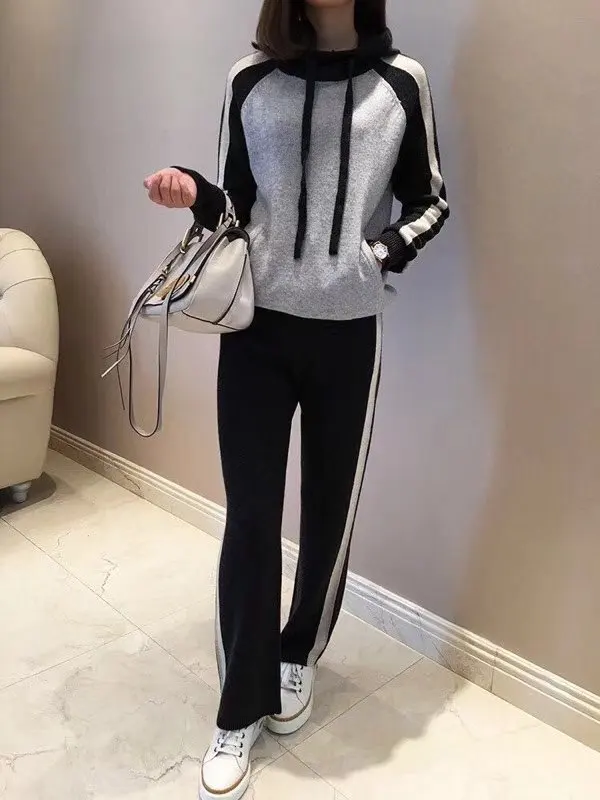 

Cashmere Suit Fashion Color Matching Hood Sweater And Pants Rushed Hooded Full Women's New Casual Two-piece 2 Sets Pullover