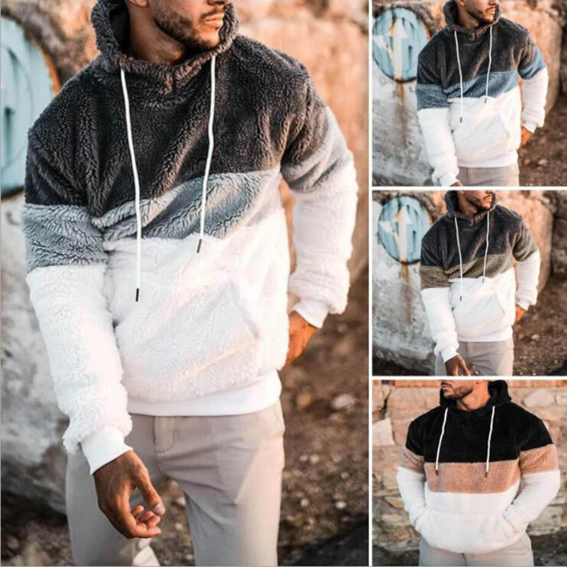 

2021 Winter Men's Fashion Trendy Brand Three-Color Stitching Wool Plus Velvet Thick Casual Jacket Warm Hooded Sweatshirt