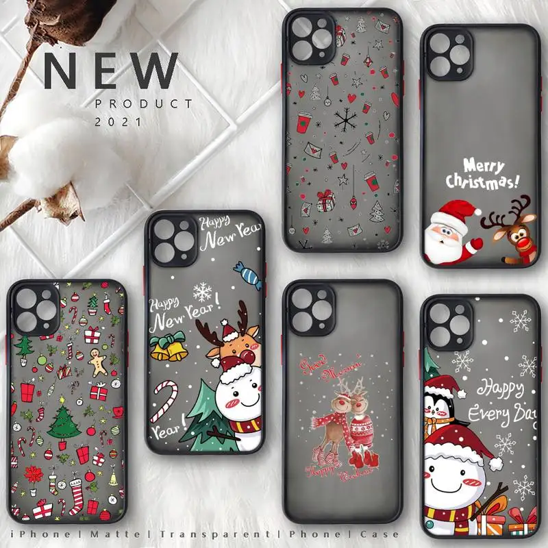 

Cartoon Christmas Santa Reindeer Tree Phone Case black matte transparent For iPhone 7 8 x xs xr 11 12 13 pro plus mini max Clear