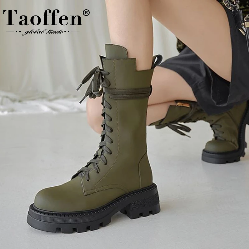 

Taoffen Real Leather Mid Calf Boots Shoes Thick Heels Lace Up Winter Cool Ins Style Fashion Winter Ladies Footwear Size 34-40