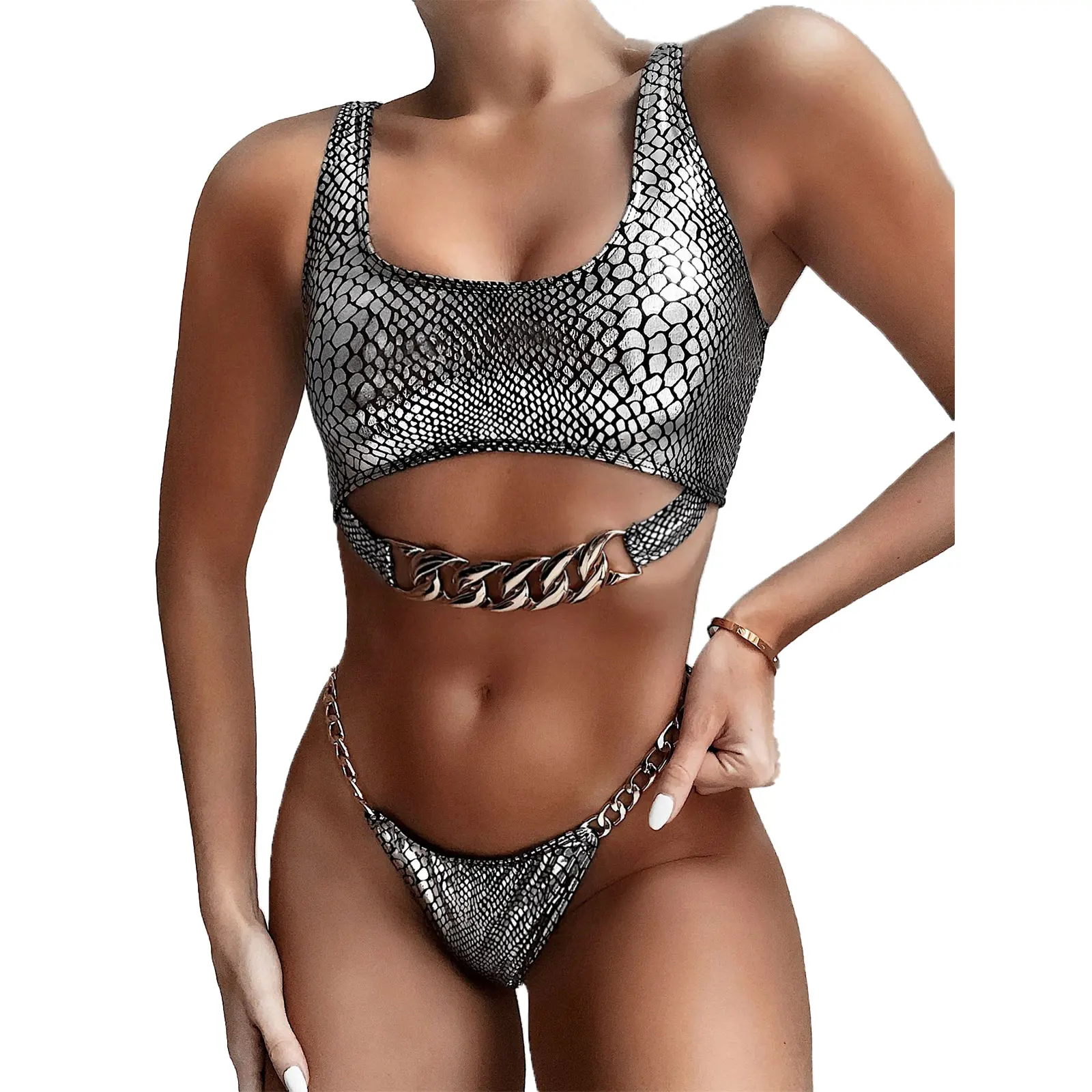Новинка 2021 Женский костюм бикини со змеиным рисунком с низким воротником