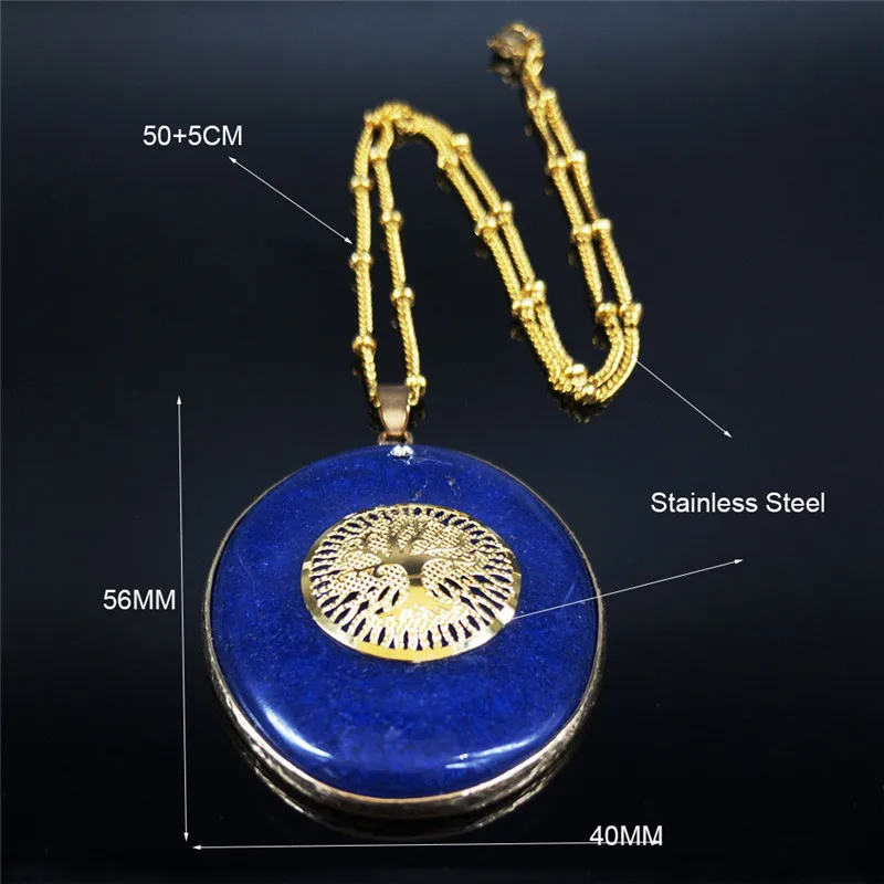 

Big Blue Natural Stone Stainless Steel Bohemian Necklace Women Gold Color Tree of Life Necklaces Jewelry collar mujer N72S01
