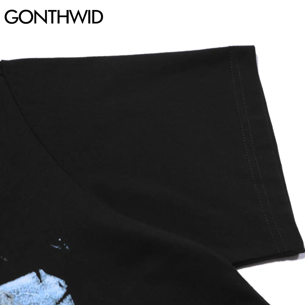 

GONTHWID Oversized Tees Hip Hop Photos Poster Print Short Sleeve Streetwear Tshirts Harajuku Fashion Punk Rock Gothic Shirt Tops