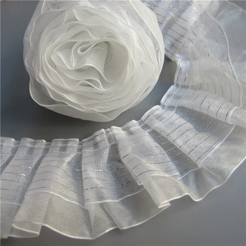 1 ярд 2-х слойный серебро плиссированная шифоновая вуаль кружевной отделкой