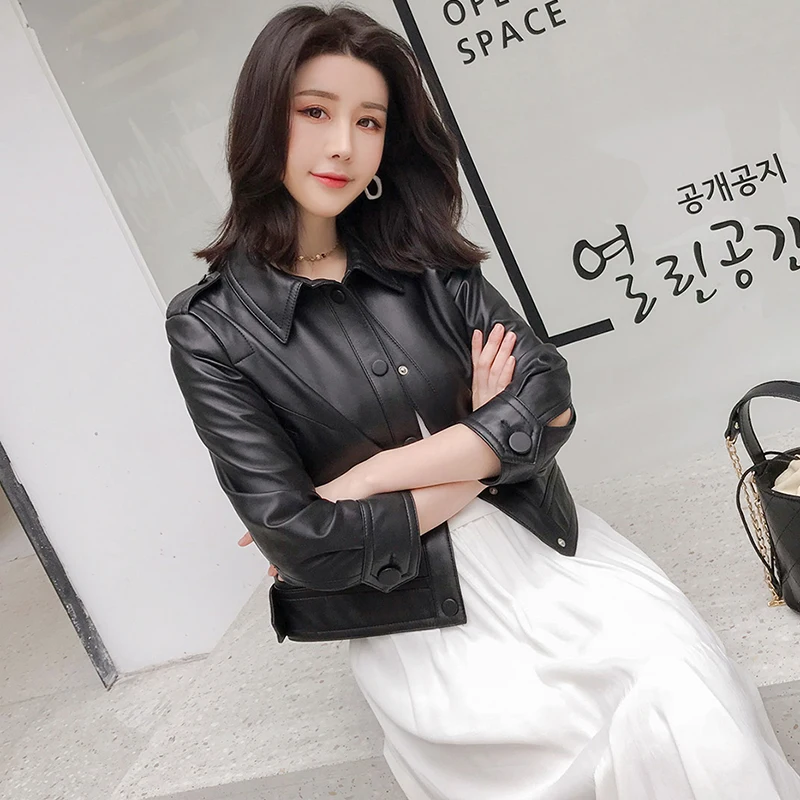 

Lautaro Autumn Short black leather jacket women 3/4 sleeve turndown Collar faux leather shirt Casual women Korean fashion 7xl