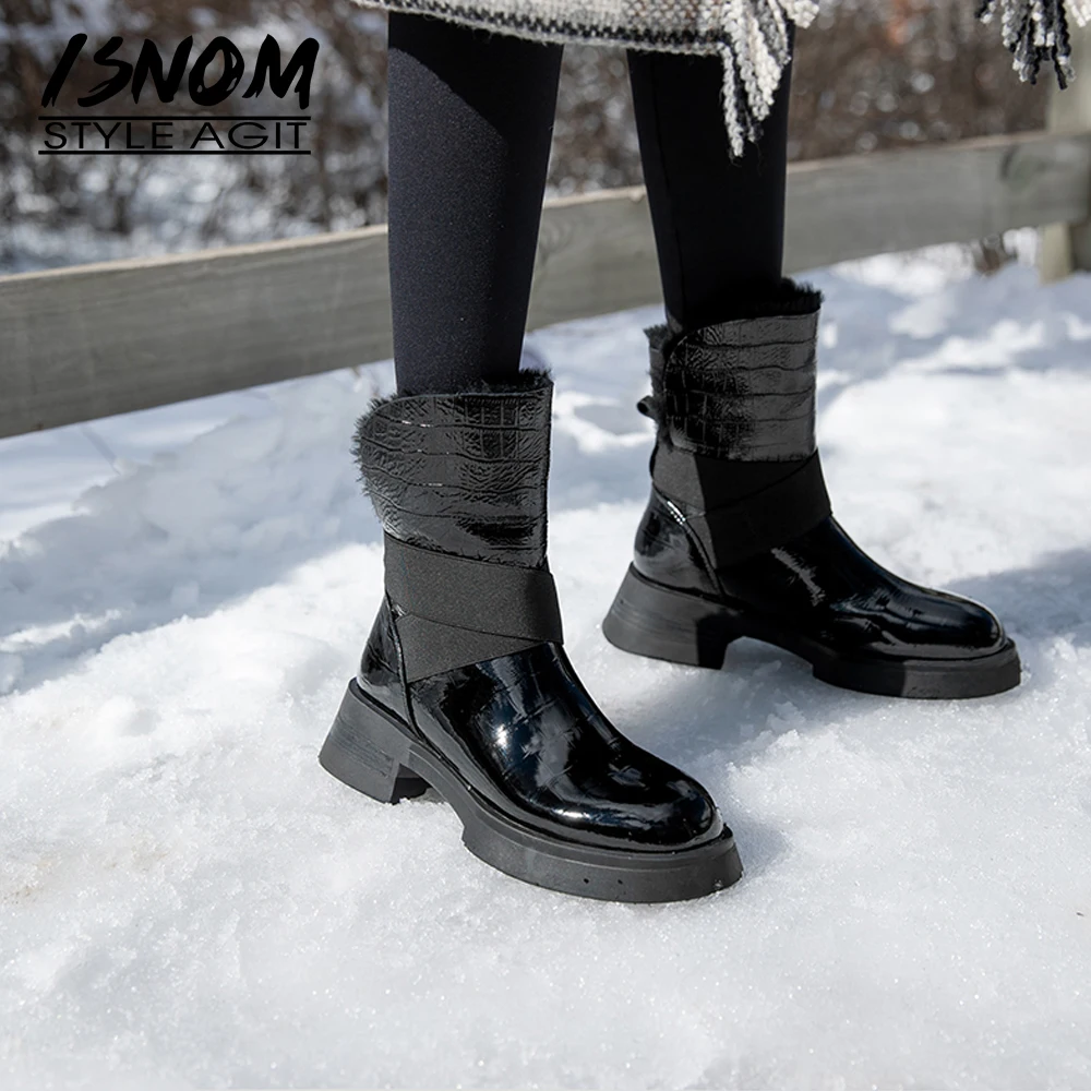 

Женские ботильоны из натуральной кожи ISNOM, ботинки на платформе с круглым носком и перекрестной шнуровкой, женские теплые плюшевые Нескольз...