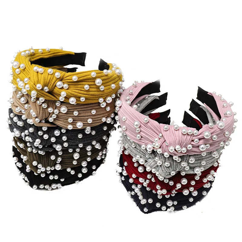 2019 винтажная Жемчужная Повязка для волос женщин вязаная повязка на голову с