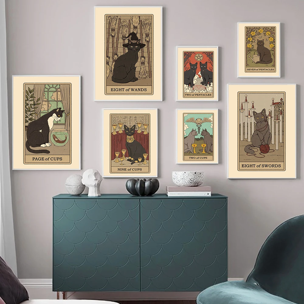 Настенные картины в скандинавском стиле с абстрактным котом и таро забавная