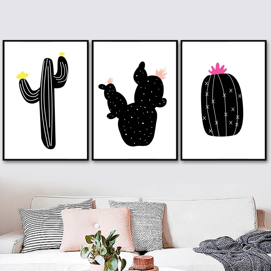 Настенная живопись на холсте черный белый кактус цветочные растения