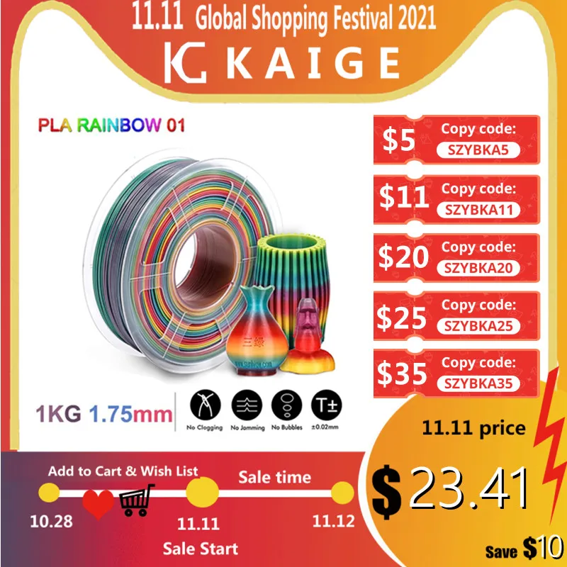 

KAIGE PLA 1kg 1 75mm Rainbow PLA 3D Printer Filament For Rainbow Color No Shrinkage 100% No Bobble