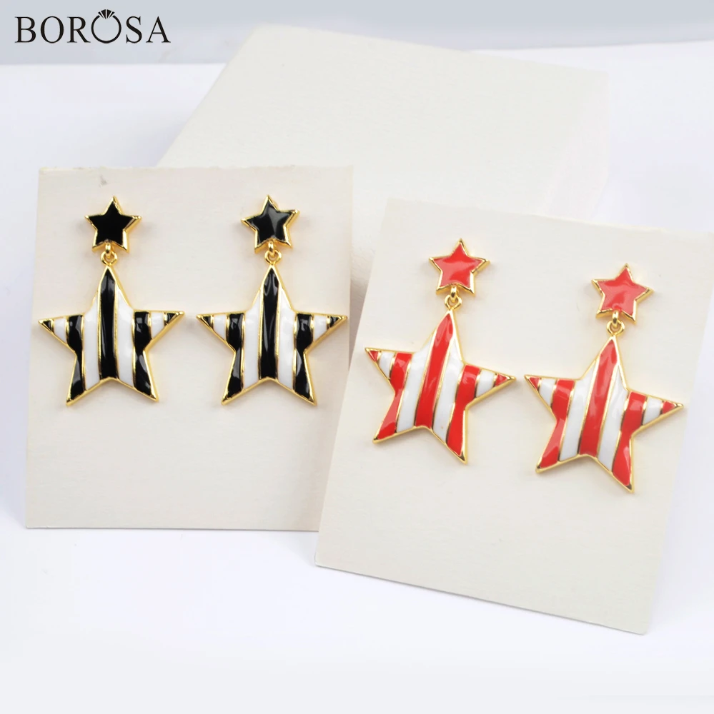 

BOROSA Enamel Double Star Stripe Dangle Earrings Lovely Heart Statement Earrings for Women Cute Earrings Jewelry WX1519