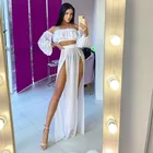 Пляжная модная сетчатая Женская Однотонная рубашка из двух предметов с открытыми плечами, топы, эластичная юбка с разрезом, пляжная одежда для купания, праздничная одежда