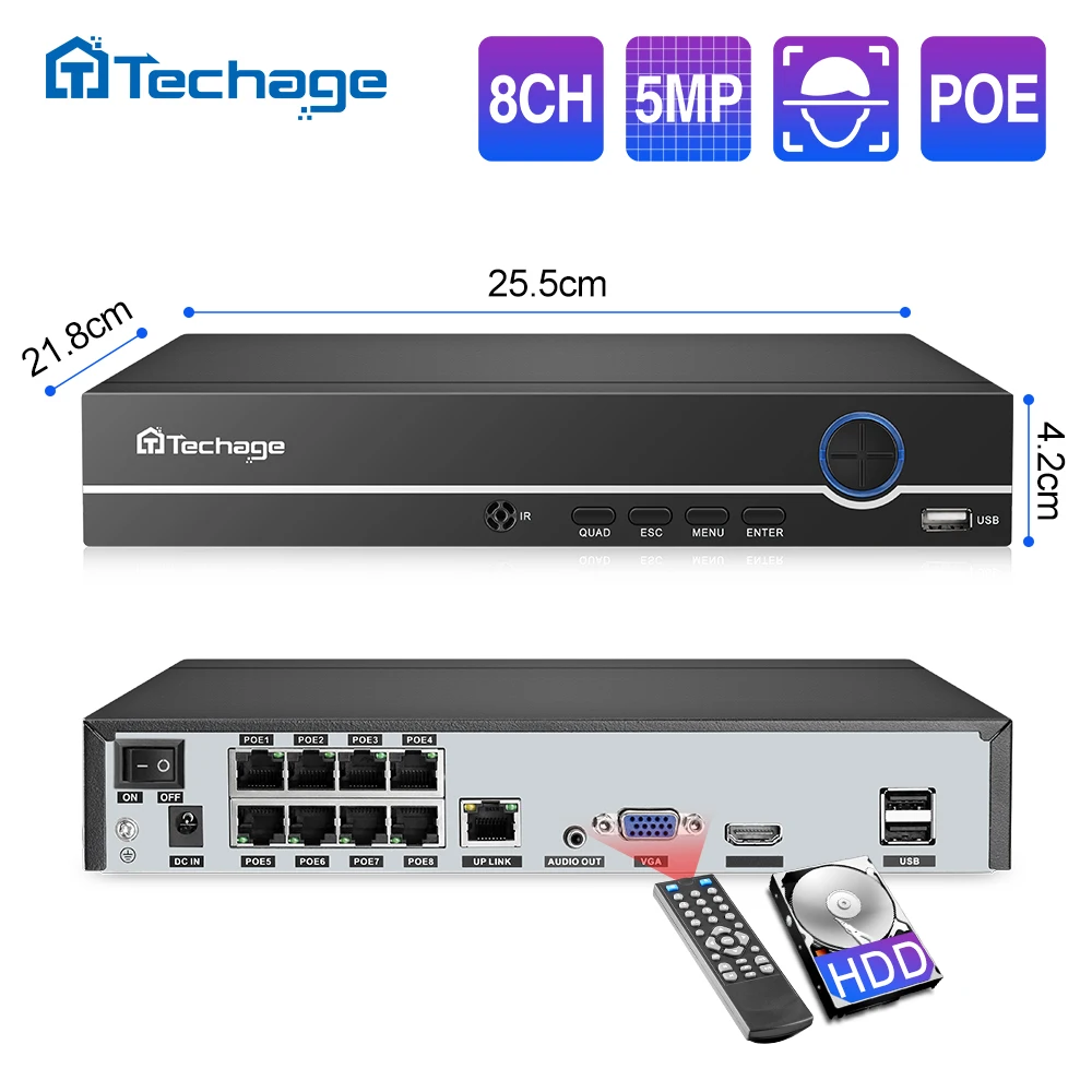 Сетевой видеорегистратор H.265 8 каналов 5 МП 4 1080P POE NVR аудиовыход сетевой до 16 для IP