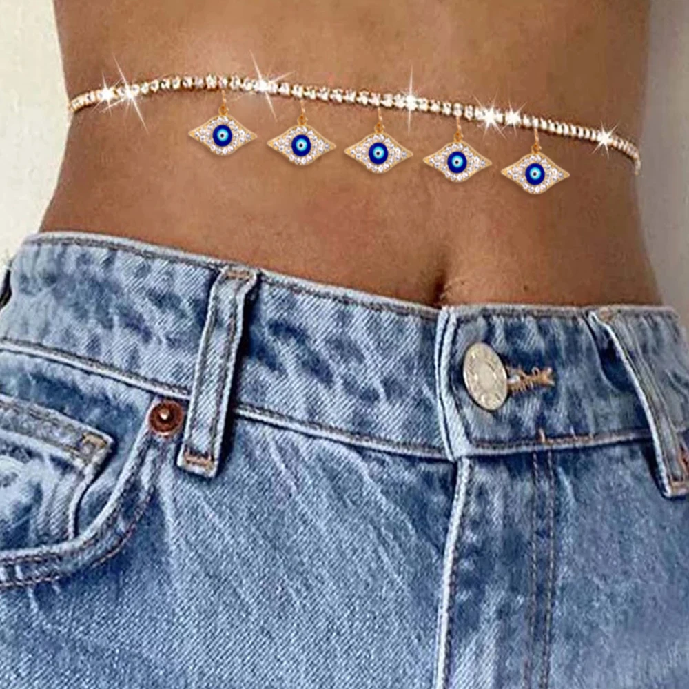 

Boho Turkish Eyes Crystal Waist Chain For Women Rhinestone Evil Eye Sexy Ladies Tennis Belly Chain Bikini Beach Body Jewelry New
