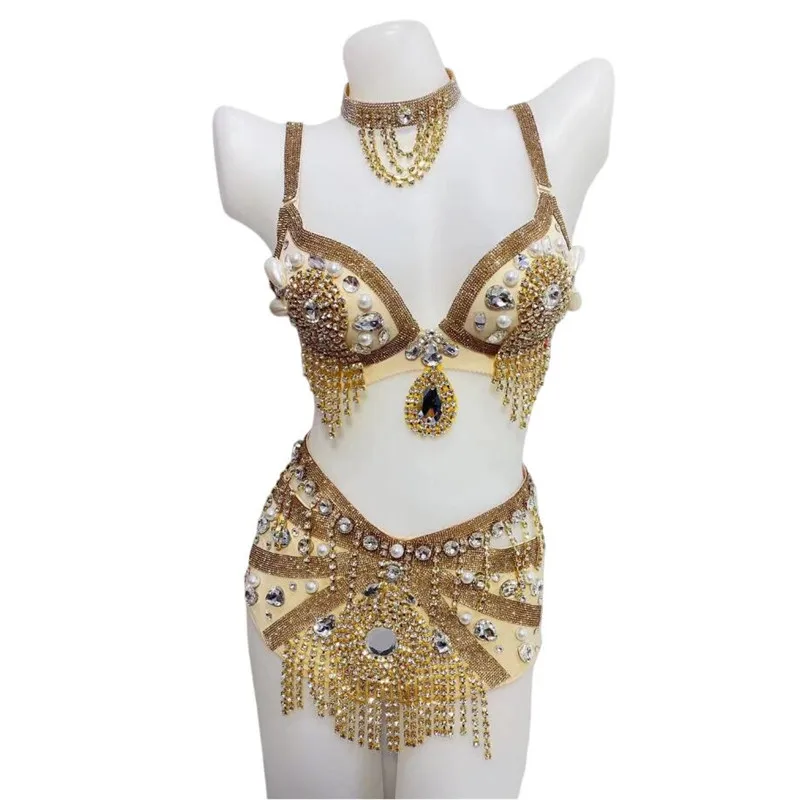 

Блестящие стразы жемчужное бикини женский сексуальный бюстгальтер с кисточками и шорты Комплект сценического костюма одежда для клуба для танцев на шесте и выступления