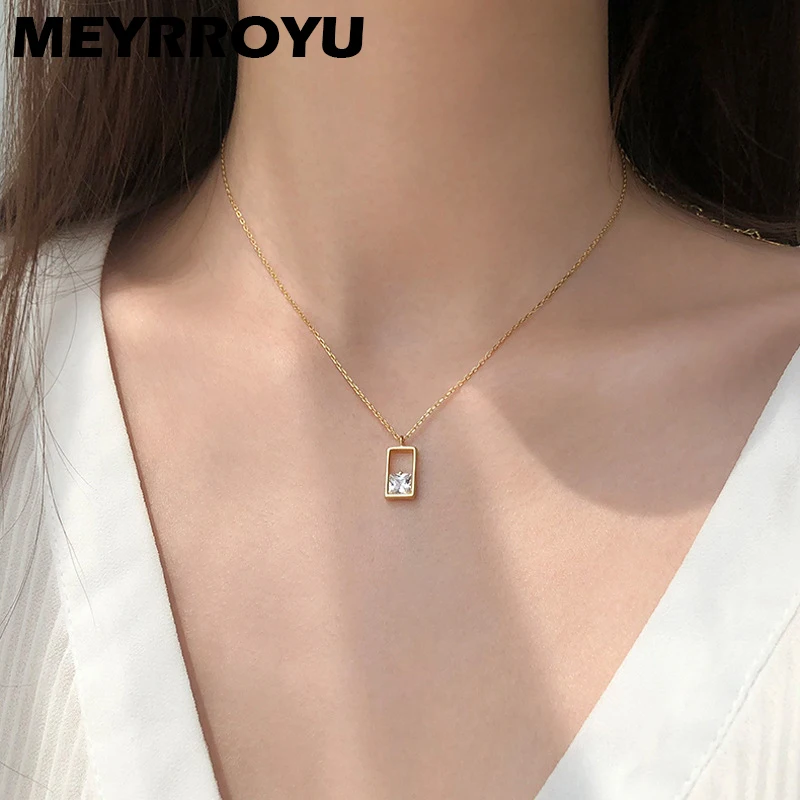 

MEYRROYU 925 Sterling Silver 2021 New Square Hollow Zircon Crystal Pendant Necklace Ladies Fashion Trend Jewelry Gift Wholesale