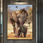 Постеры на холсте с изображением слона, мамы и ребенка в цветах, птиц, бабочек, животных, Настенная картина, украшение для гостиной